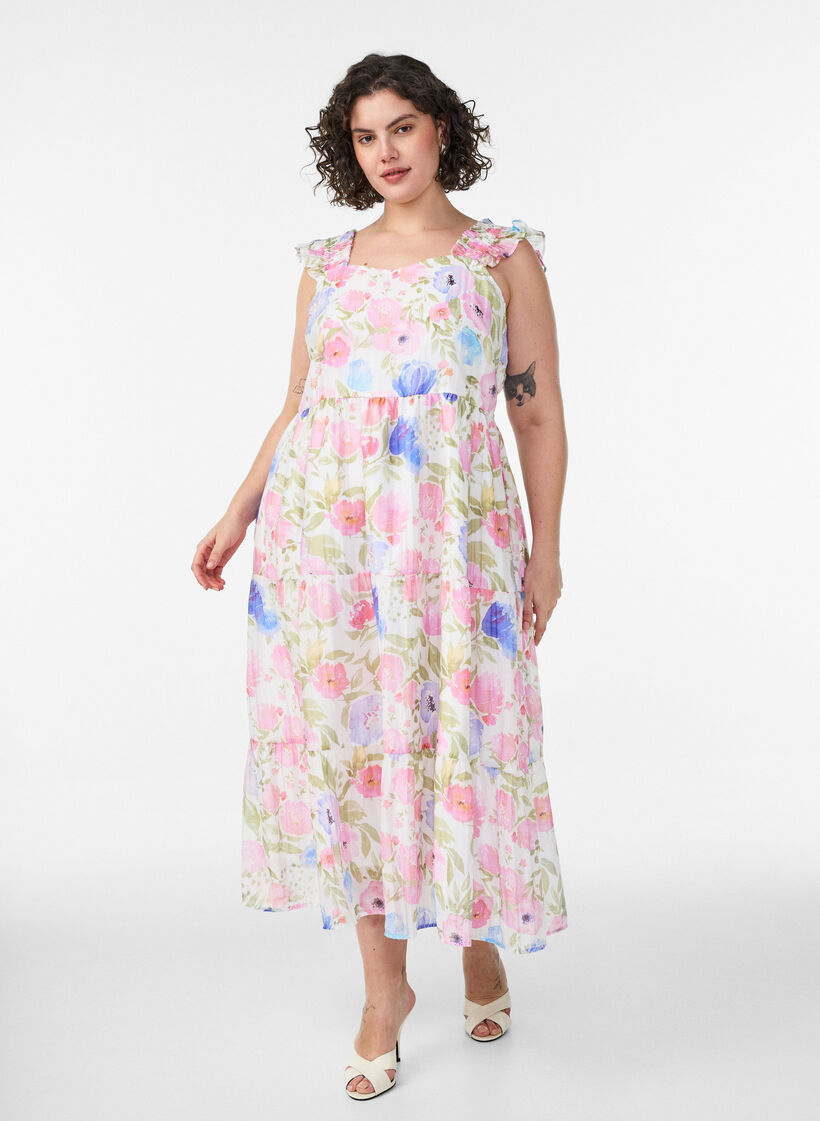 Lang kjole i lyocell med blomsterm&oslash;nster og fl&aelig;ser, Hvid, Model image number 0