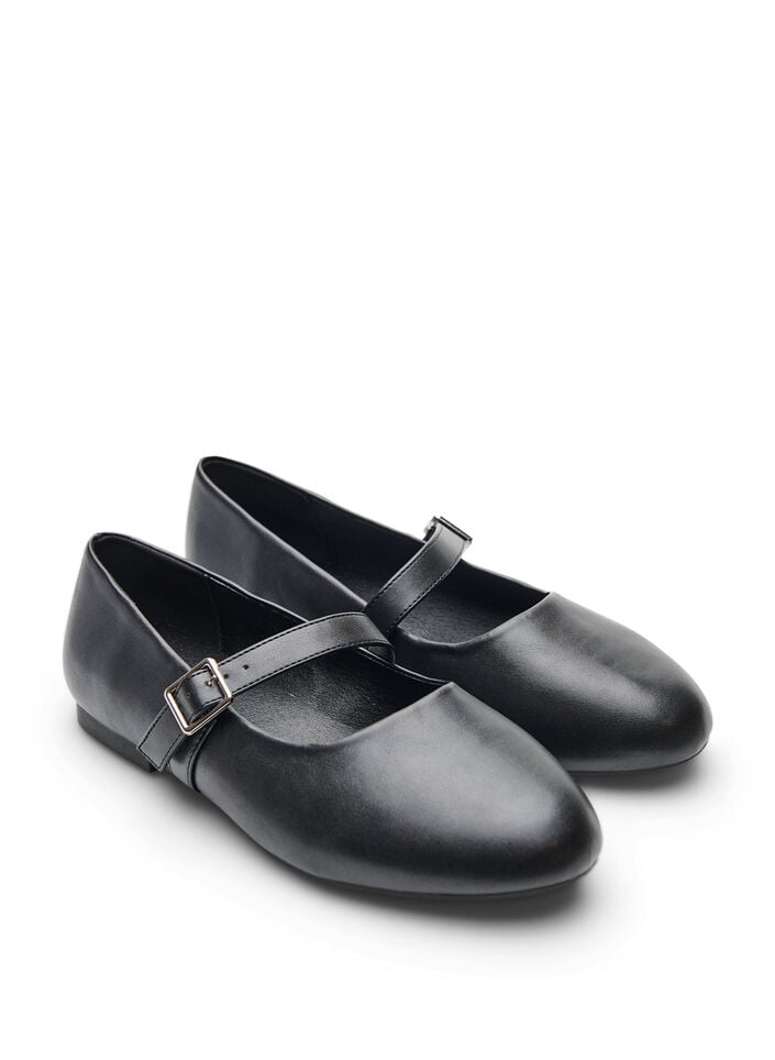 Ballerina i imiteret l&aelig;der med rem, Sort, Packshot image number 1