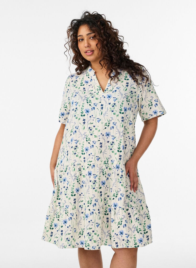 Kort kjole i bomuldsmusselin med A-facon, Beige, Model image number 0