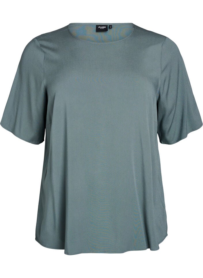 Kort&aelig;rmet v&aelig;vet bluse med rund hals, Gr&oslash;n, Packshot image number 0