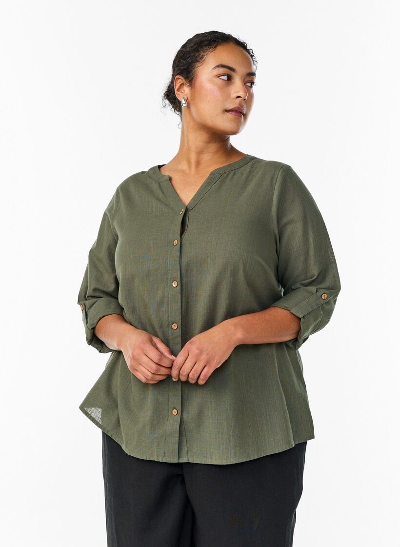 Skjortebluse i bomuld med V-udsk&aelig;ring, Gr&oslash;n, Model image number 0