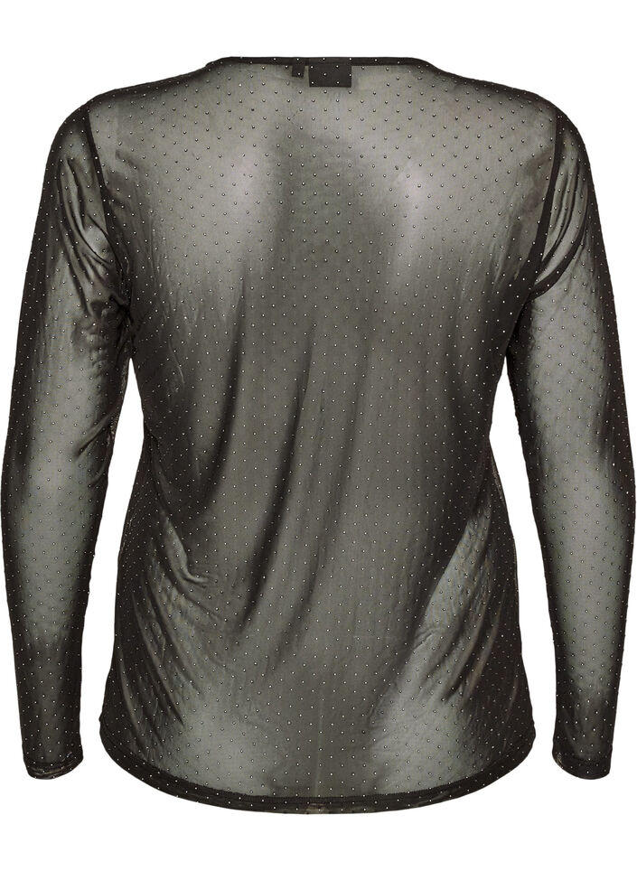 Transparent meshbluse med rhinsten, Sort, Packshot image number 1
