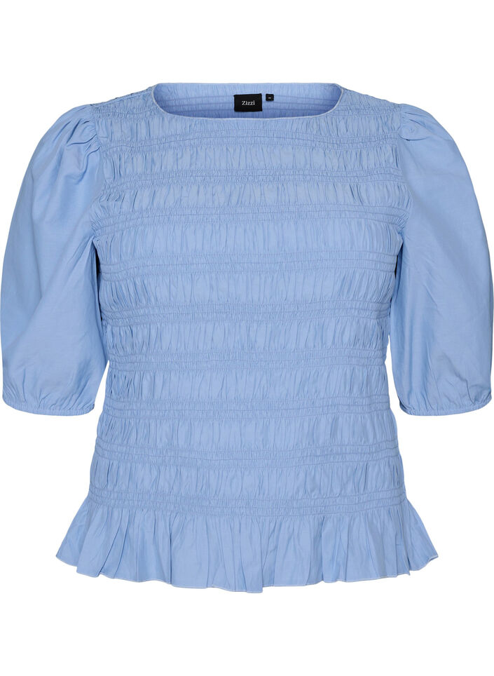 Smockbluse med fl&aelig;sekant og b&aring;dhals, Bl&aring;, Packshot image number 0