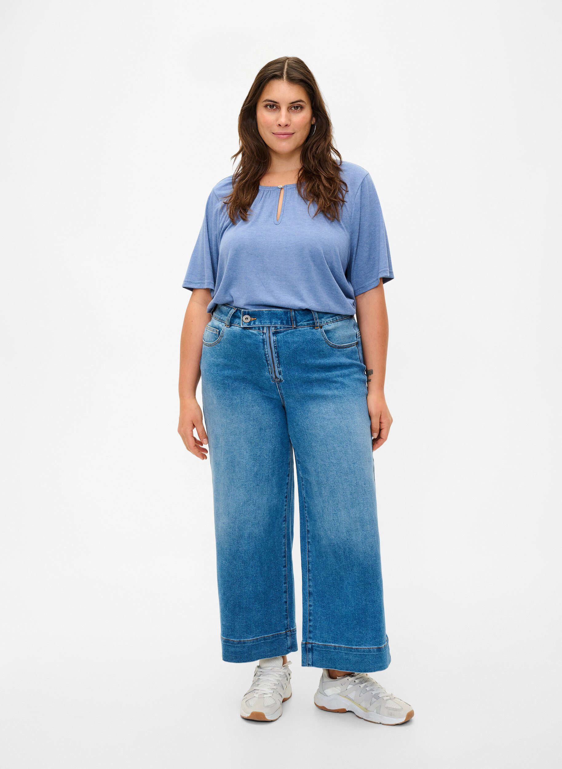 Zizzi Meleret bluse med korte &aelig;rmer, Moonlight Blue Mel., Model image number 2