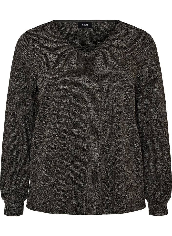 Jerseybluse med V-hals og lange &aelig;rmer, Sort, Packshot image number 0