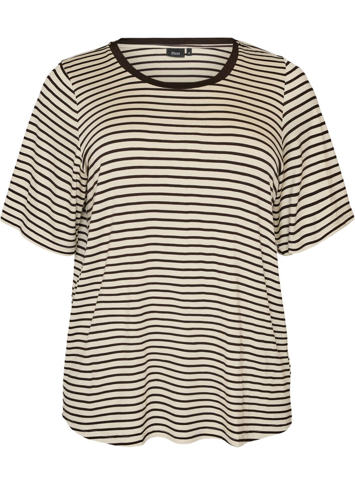T-shirt med TENCEL&trade; Lyocell og striber , Brun, Packshot image number 0