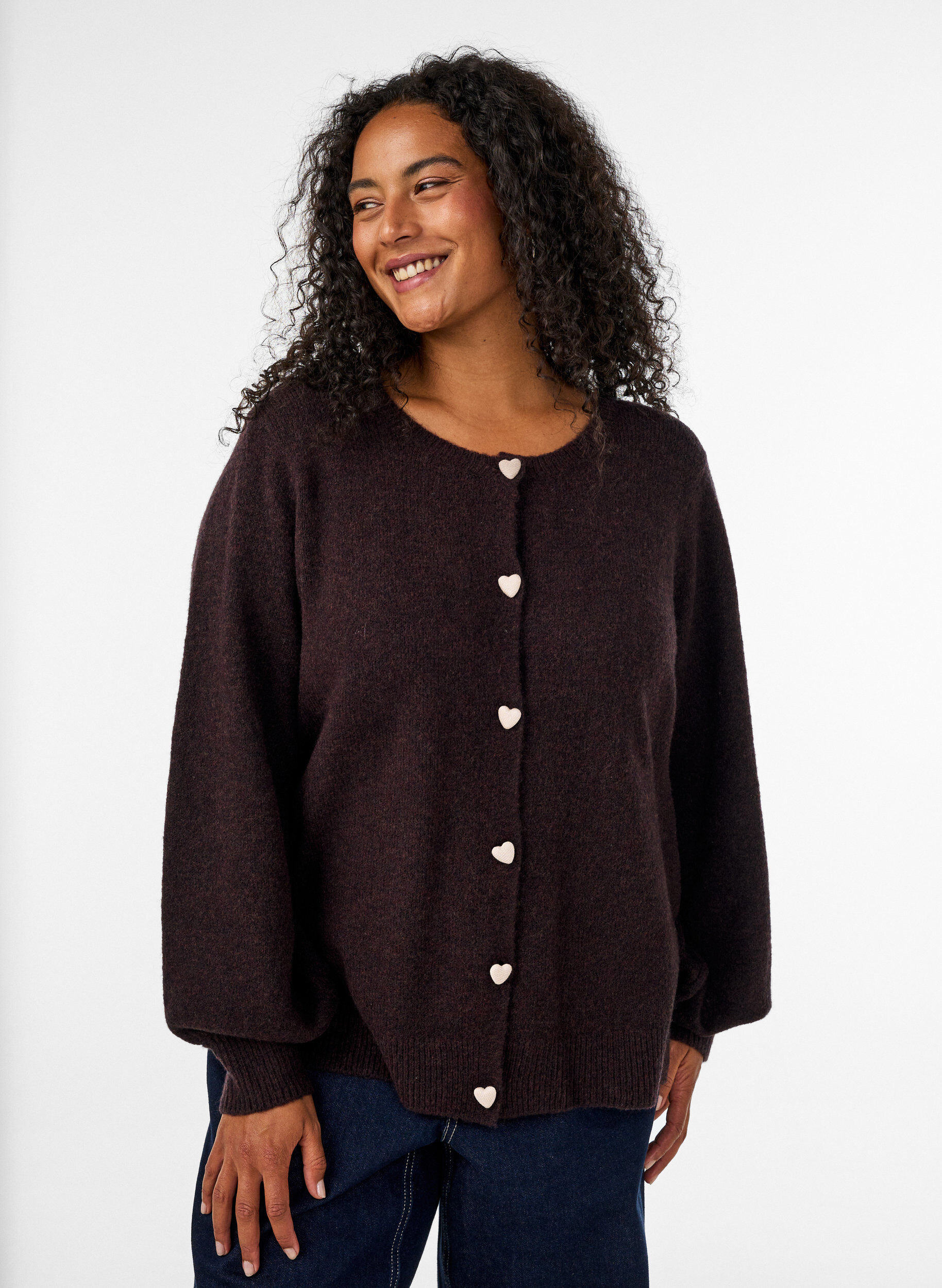 ZizziCardigan med hjerteformede knapper, Brun, Model image number 0
