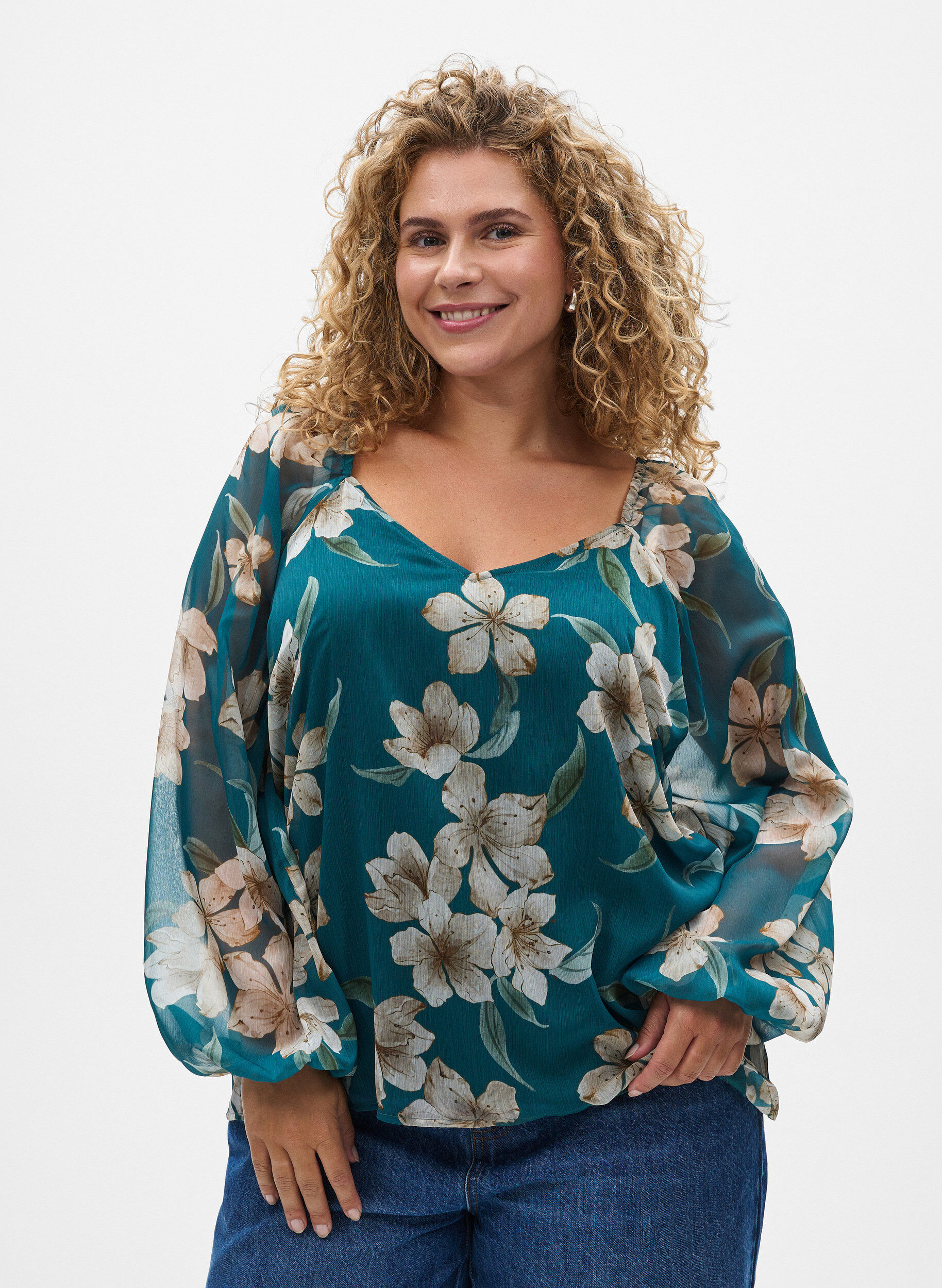 Chiffonbluse med blomster og lange &aelig;rmer , Gr&oslash;n, Model