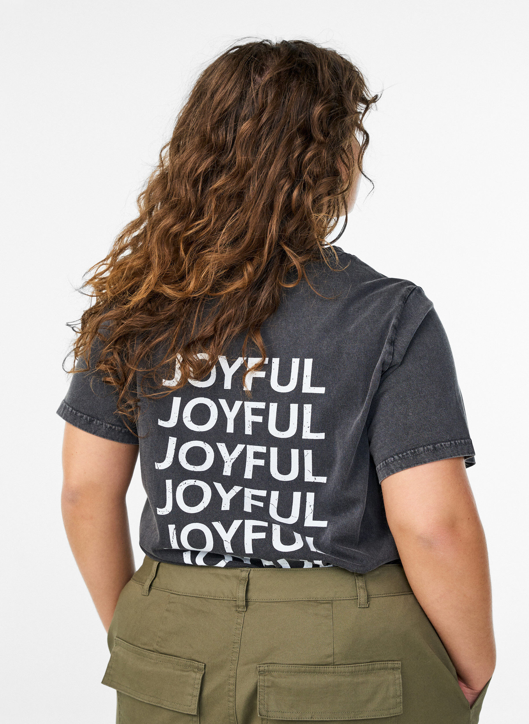 Zizzi T-shirt i &oslash;kologisk bomuld med rygprint, Gr&aring;, Model image number 2