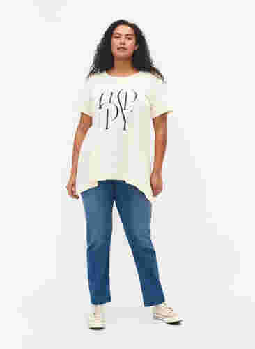 T-shirt i bomuld med teksttryk, Buttercream HAPPY, Model image number 2