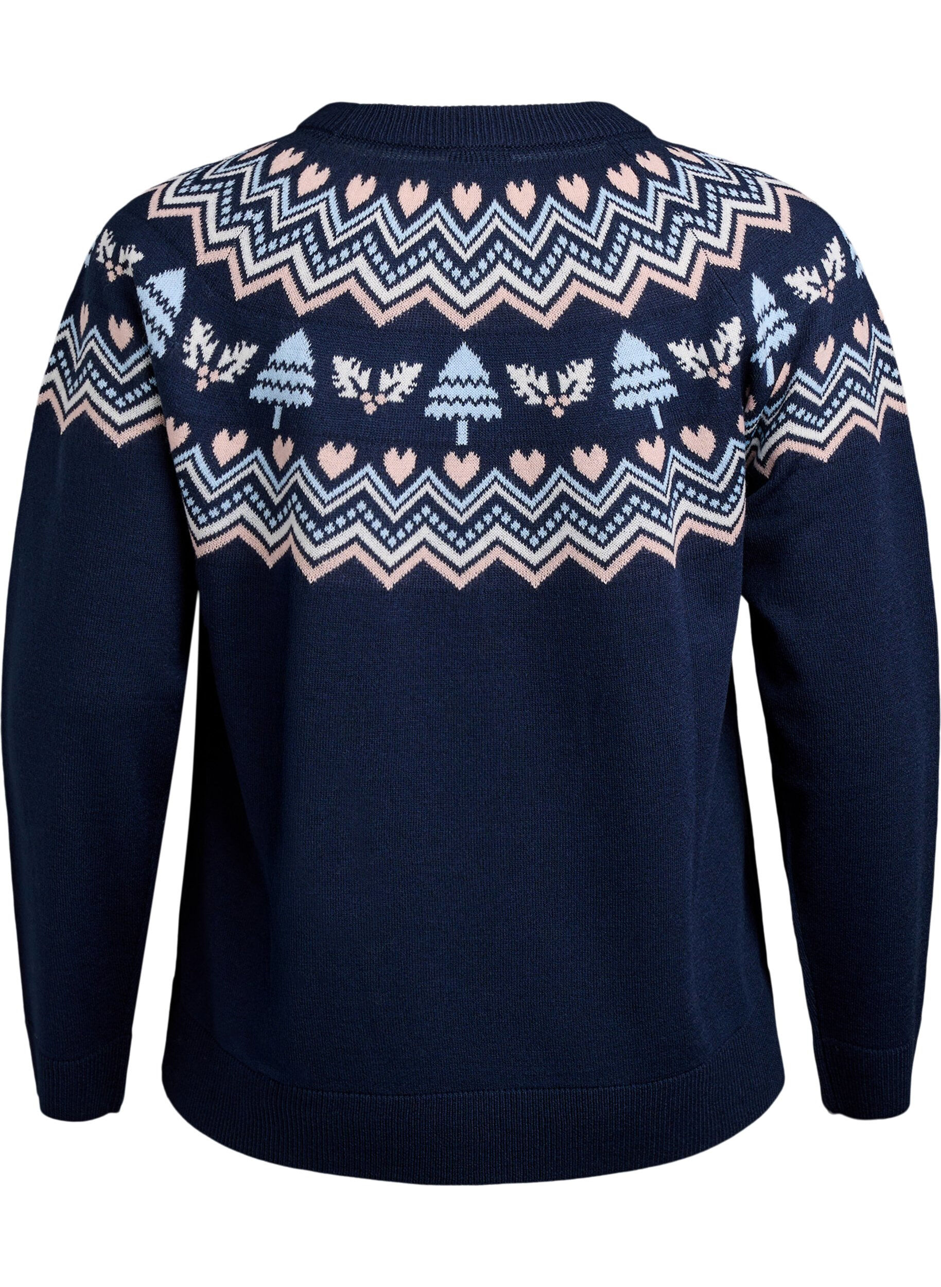 Zizzi Strikbluse med jacquardm&oslash;nster og julemotiver, Bl&aring;, Packshot image number 1