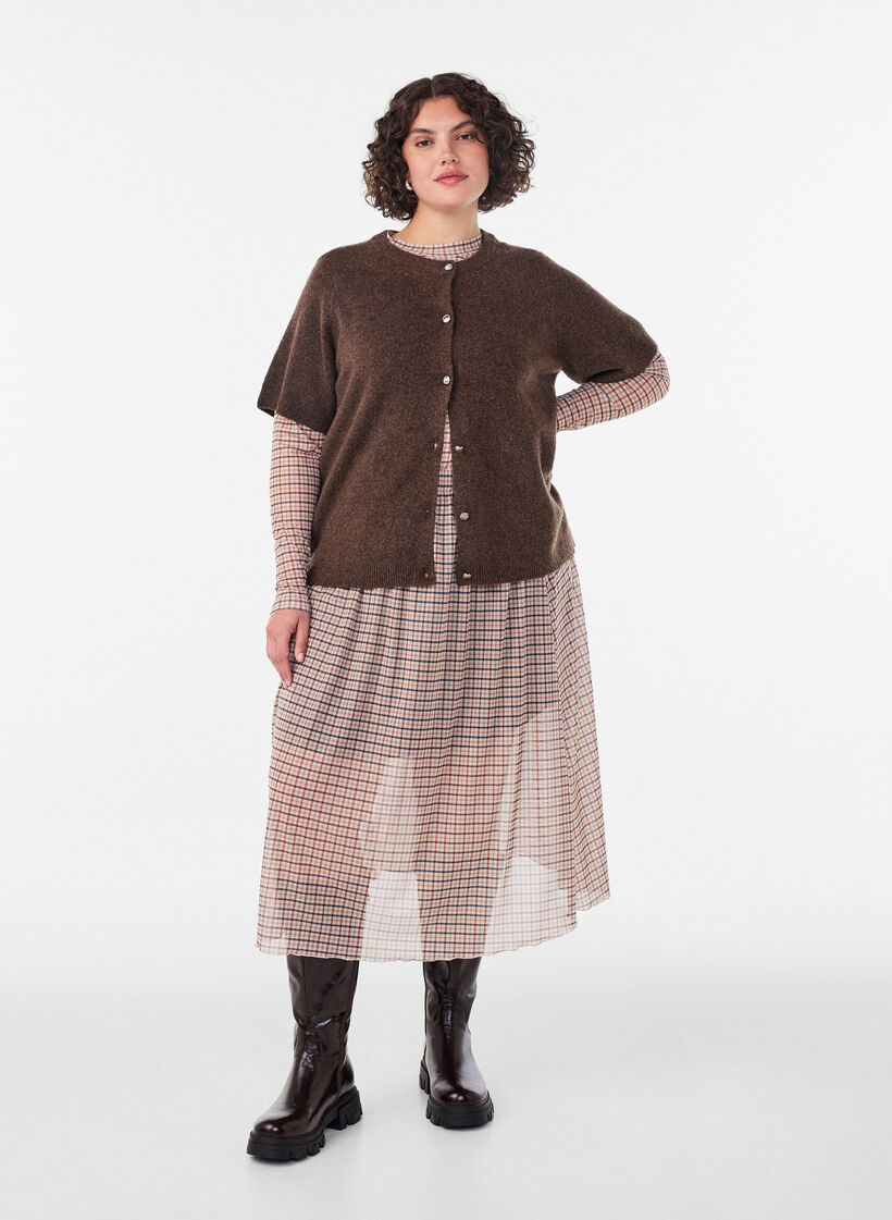 Mesh bluse med ternet m&oslash;nster, Beige, Model image number 0