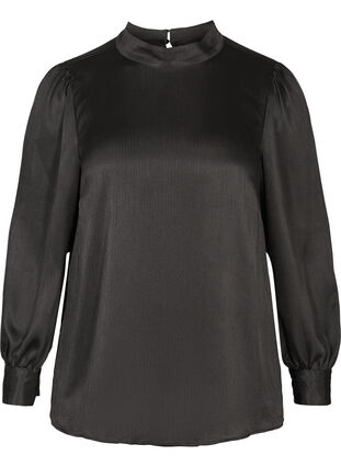 Shiny bluse med lange pufærmer, Black, Packshot image number 0
