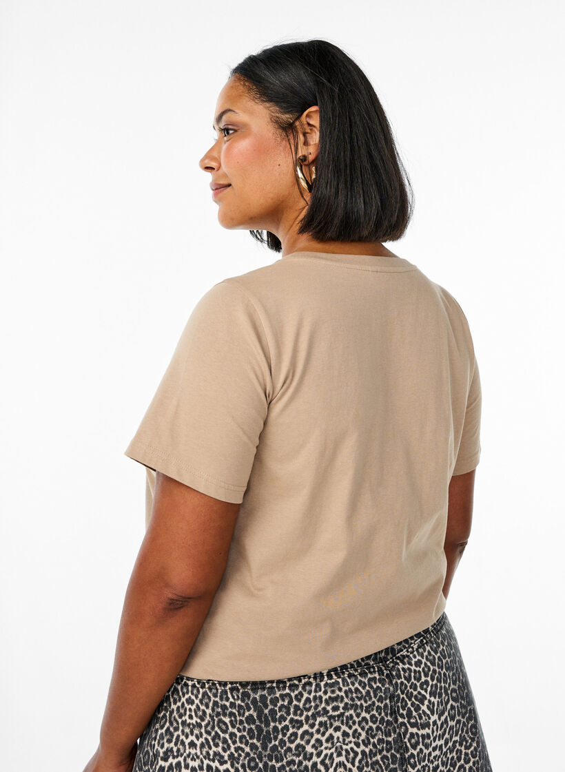 T-shirt med blomstret printdetalje, Beige, Model image number 2