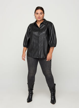 Imiteret læderskjorte med 3/4 pufærmer, Black, Model image number 3