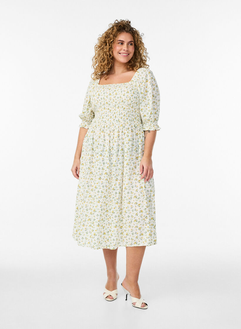 Blomstret sommerkjole i viskose, Hvid, Model image number 0