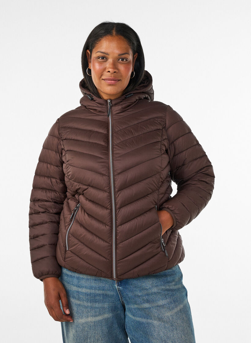 Letv&aelig;gts jakke med h&aelig;tte, Brun, Model image number 0