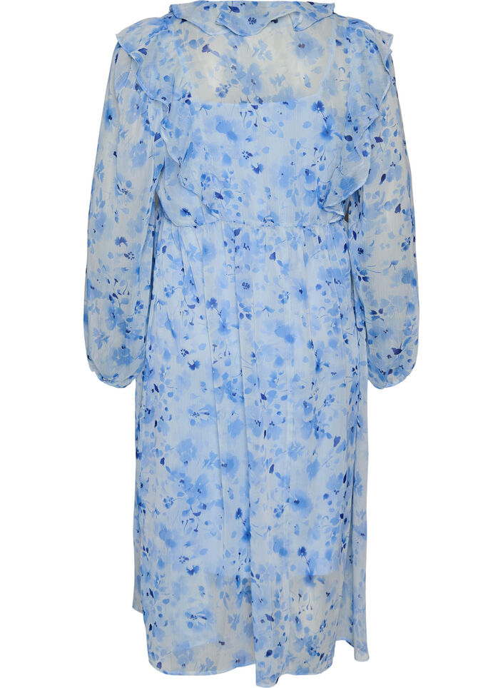Blomstret chiffonkjole med fl&aelig;ser og lange &aelig;rmer, Bl&aring;, Packshot image number 1