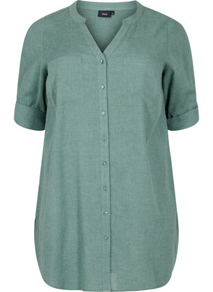Lang skjorte med 3/4 ærmer og v-udskæring, Balsam Green, Packshot image number 0