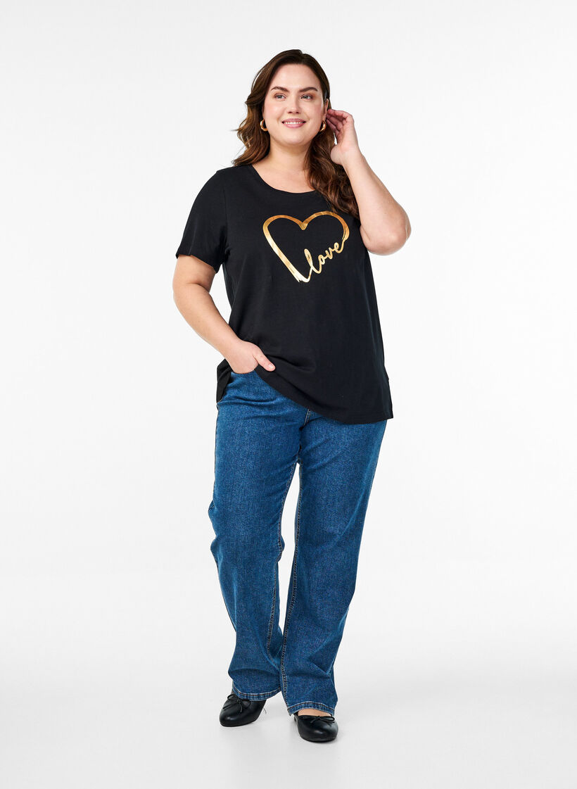 Bomulds t-shirt med motiv, Black w. Gold Love, Model image number 2
