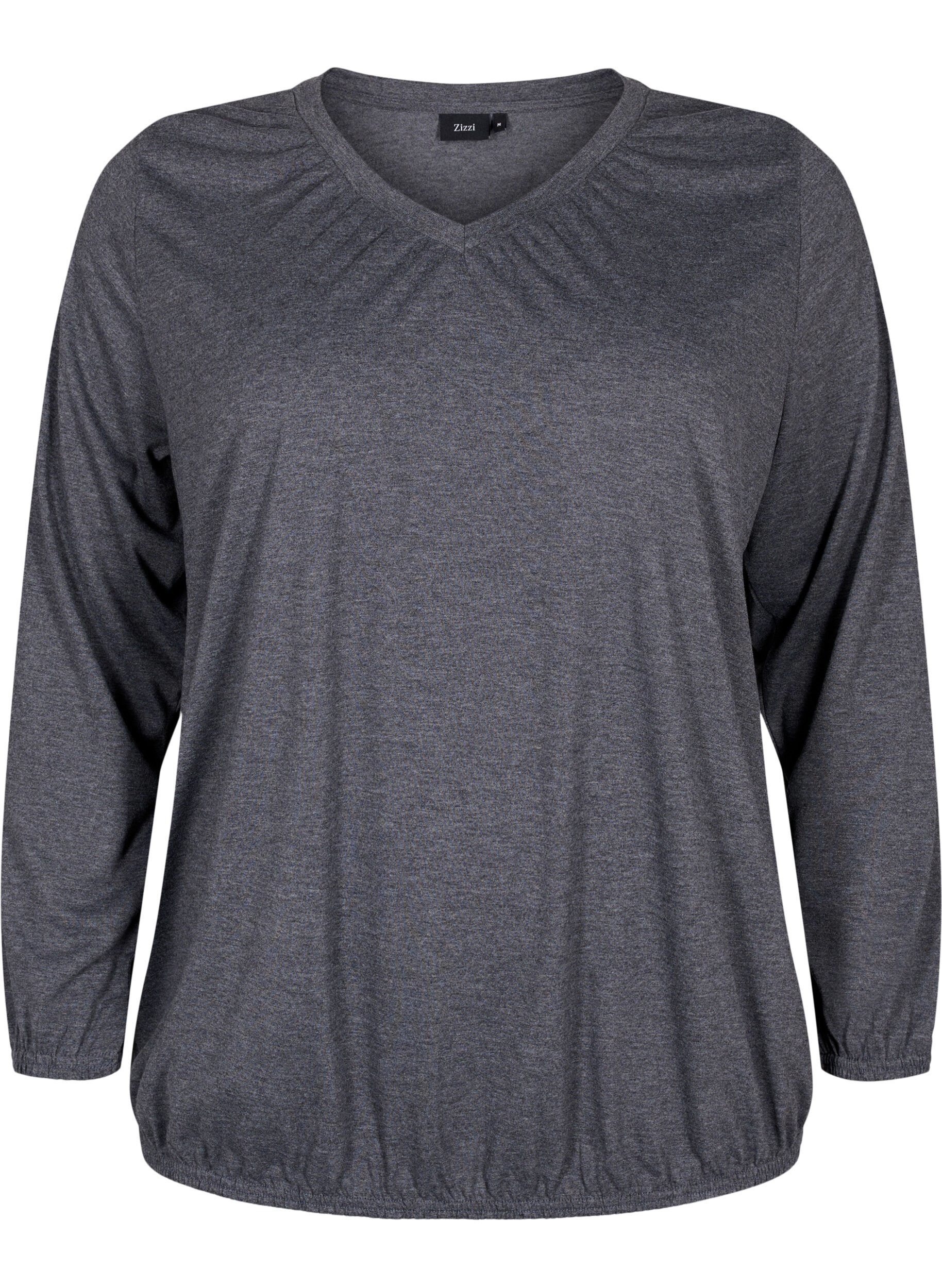 Zizzi Meleret bluse med lange &aelig;rmer og v-hals, Dark Grey Melange, Packshot image number 0