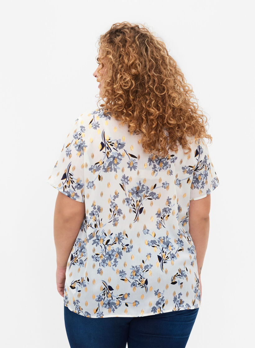 Bluse med print og lurex, White Flower/Gold, Model image number 1
