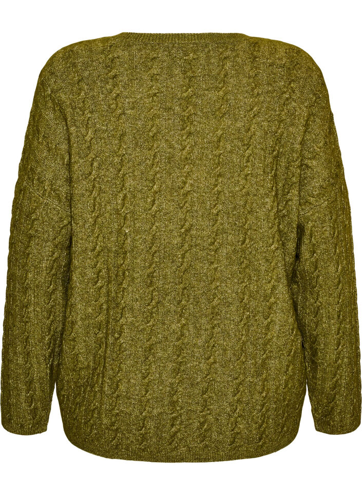 Strikbluse med kabelstrik og V-udsk&aelig;ring, Gr&oslash;n, Packshot image number 1