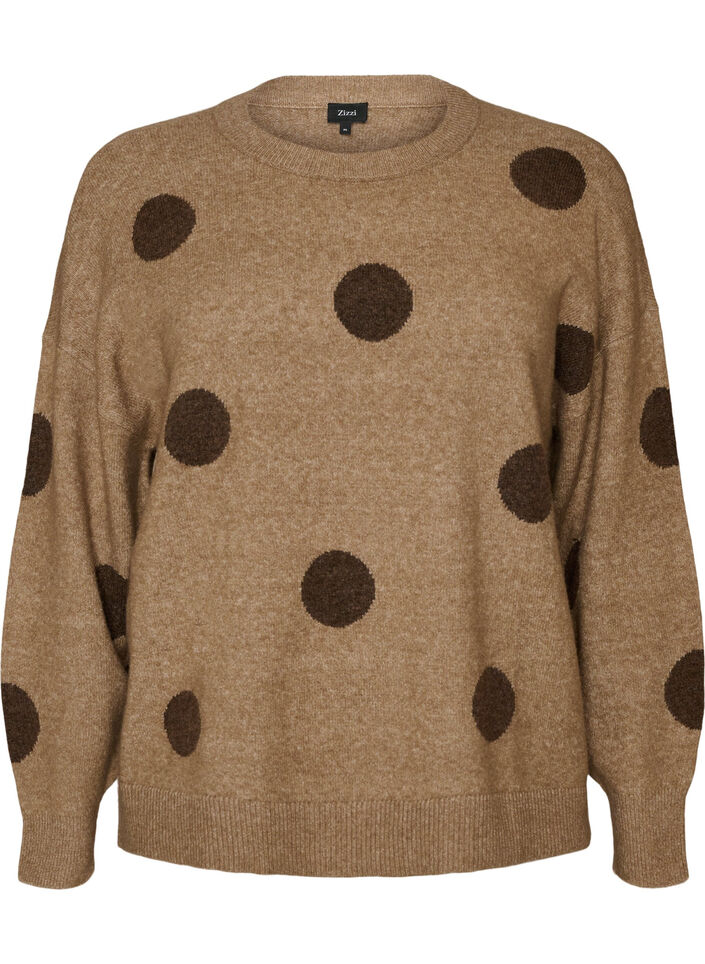 Strikbluse med prikket m&oslash;nster, Brun, Packshot image number 0