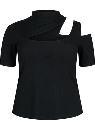 Kortærmet bluse med udskåret parti, Black, Packshot image number 0
