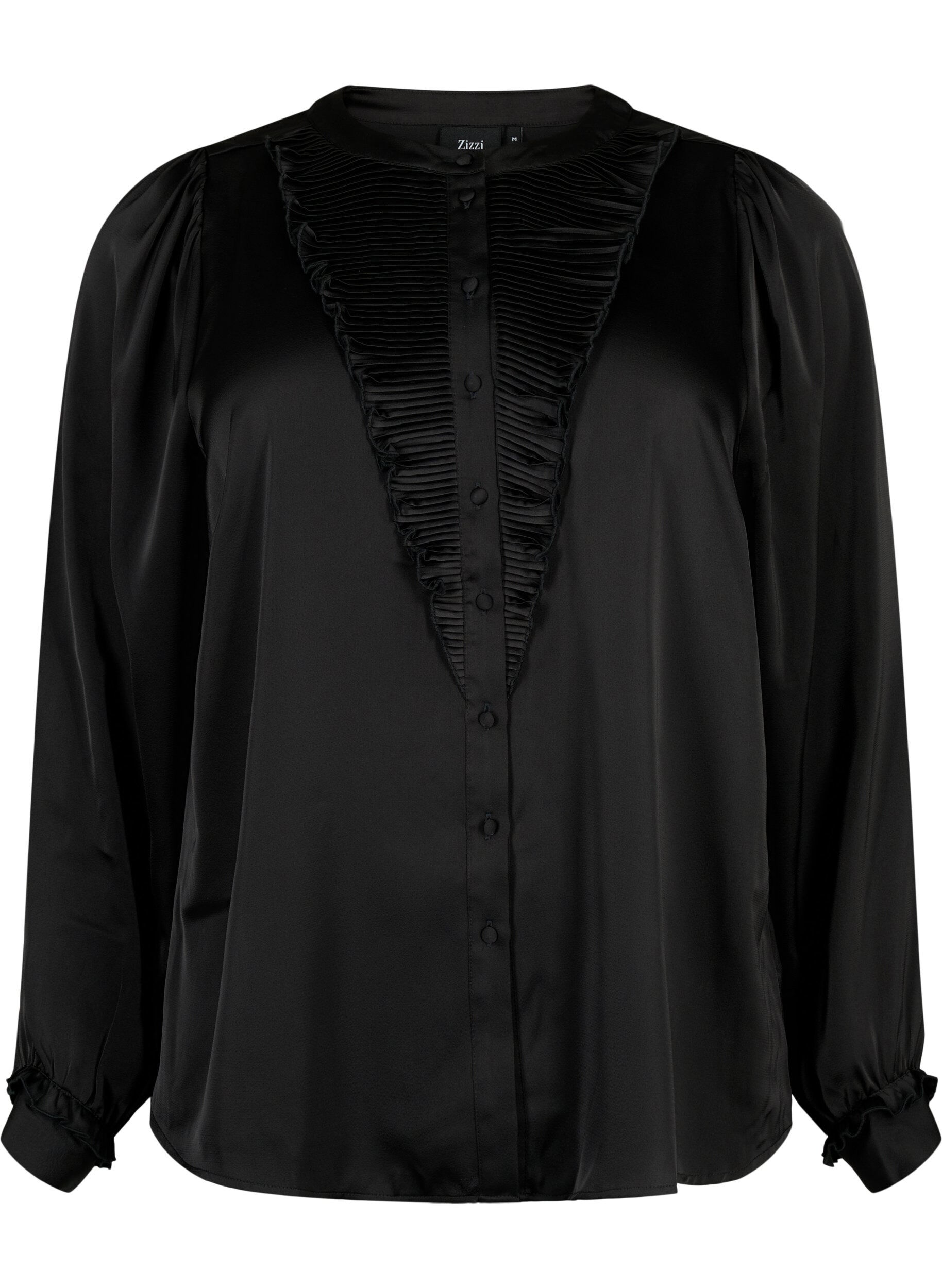Zizzi Skjortebluse i satin med fl&aelig;sedetaljer, Black, Packshot image number 0