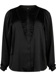 Skjortebluse i satin med flæsedetaljer, Black