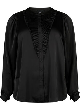 Skjortebluse i satin med flæsedetaljer, Black, Packshot image number 0