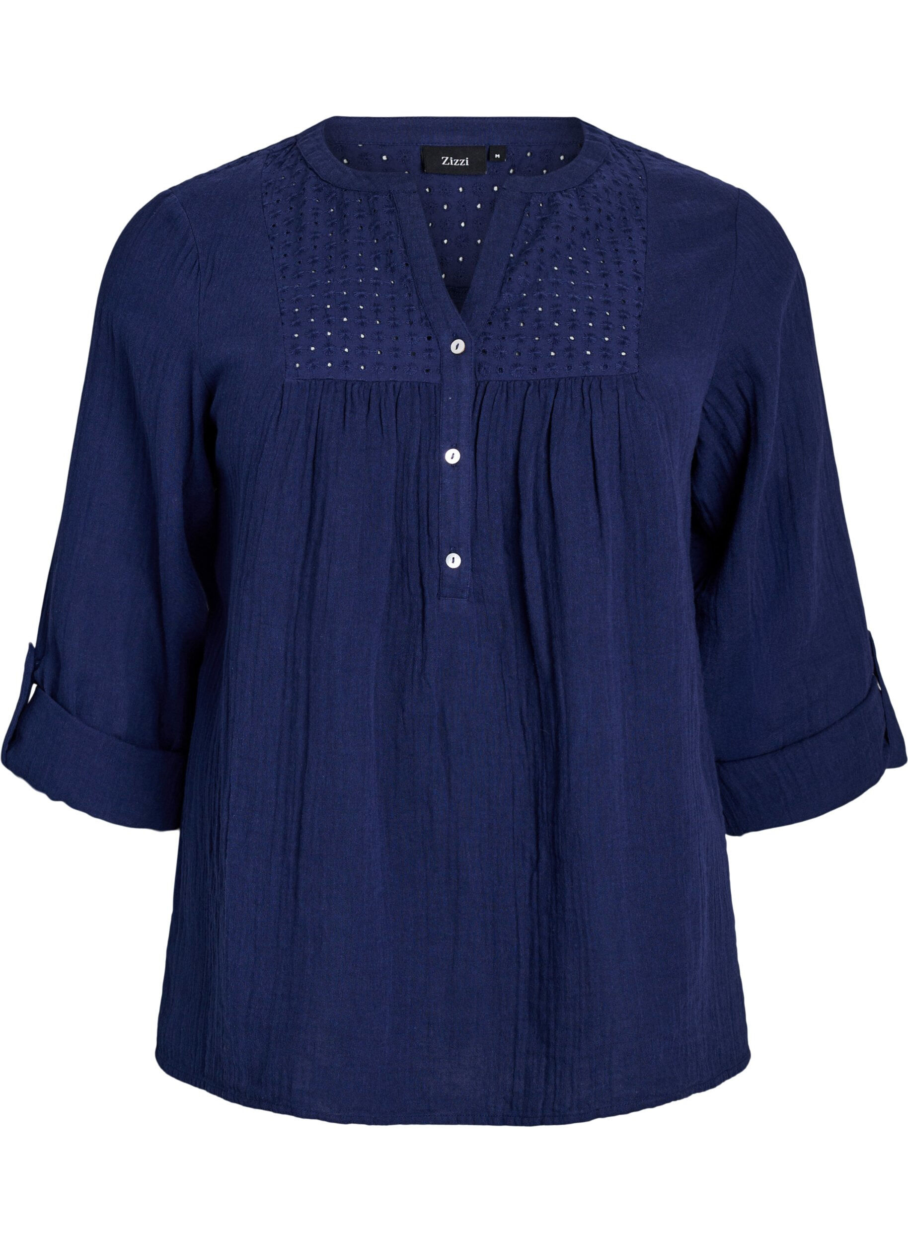 Zizzi Bluse i bomuldsmusselin med broderi anglaise, Bl&aring;, Packshot image number 0