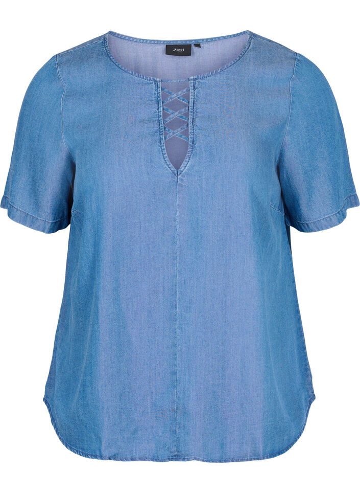 Kortærmet bluse i lyocell (TENCEL™), Blue denim, Packshot image number 0