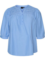Bluse med smock og 3/4-&aelig;rmer, Bl&aring;