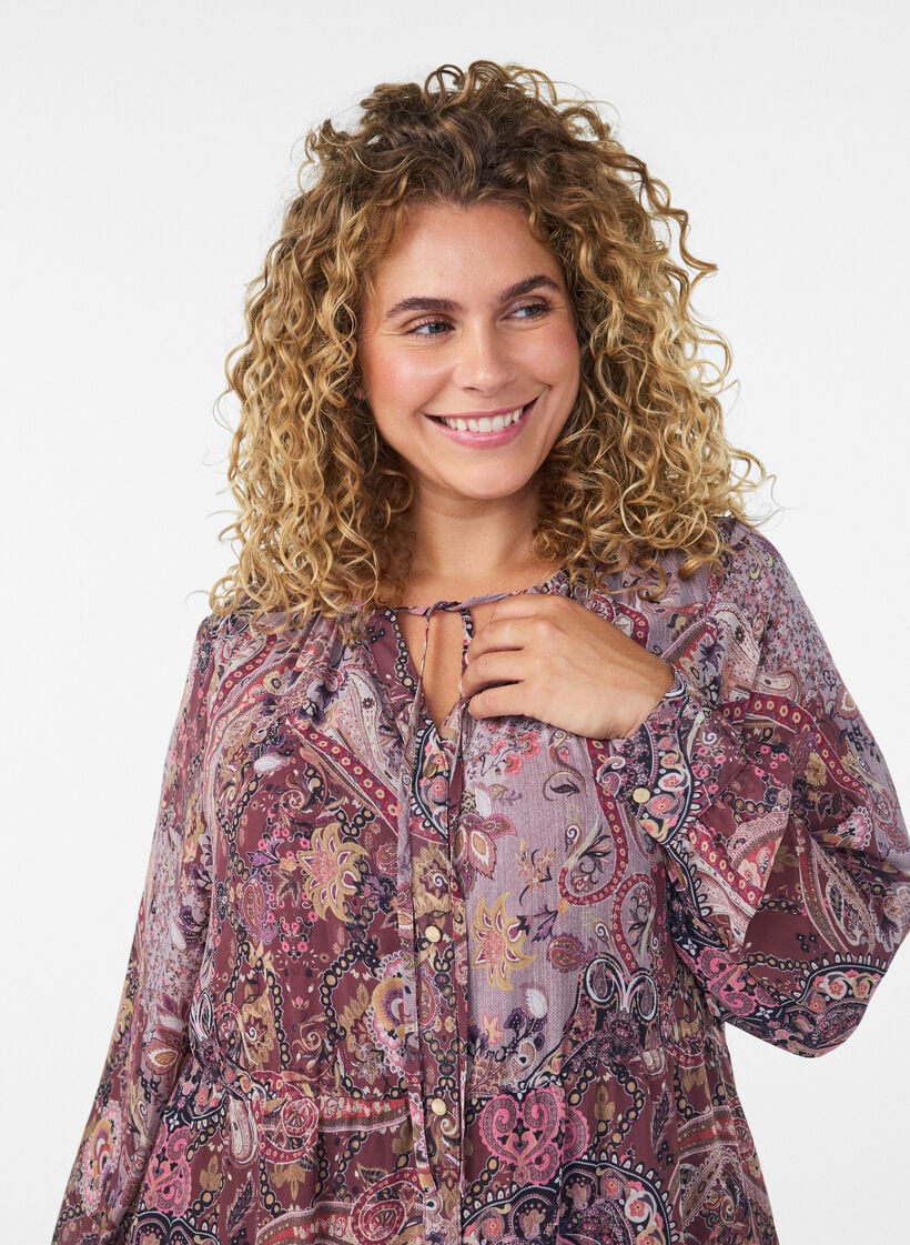 Midikjole med paisleyprint og elastisk talje, Lilla, Model image number 2