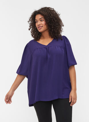 Ensfarvet bluse med korte pufærmer, Parachute Purple, Model image number 0
