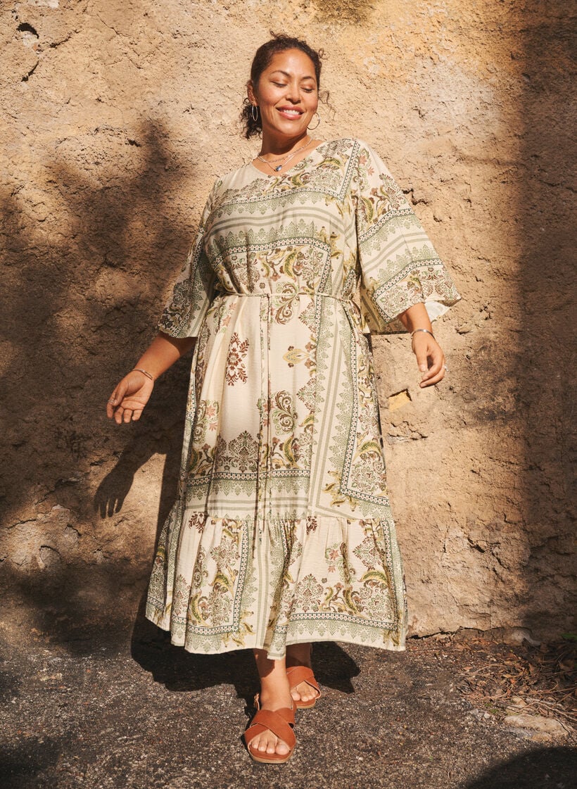 M&oslash;nstret midikjole i viskose med bindeb&aring;nd, Gr&oslash;n, Image image number 0