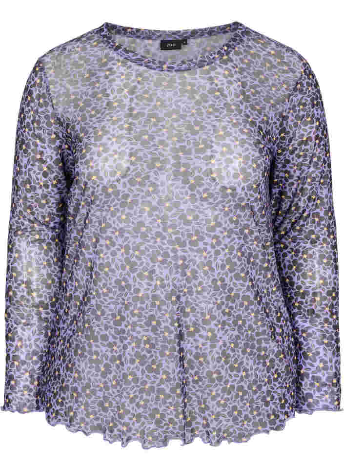 Tætsiddende mesh bluse med blomstermønster, Purple AOP