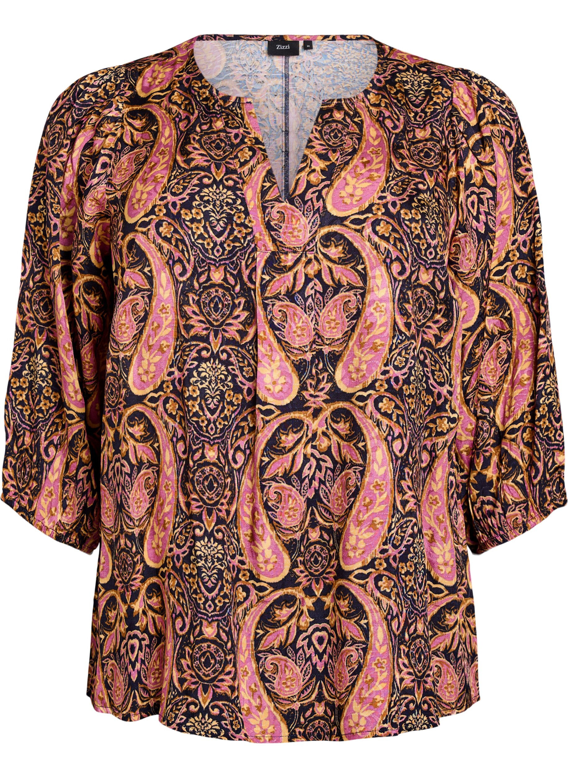 Bluse med paisleyprint og 3/4 &aelig;rmer
