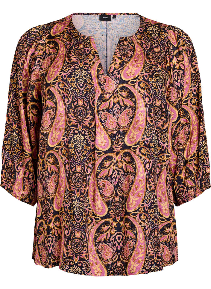 Bluse med paisleyprint og 3/4 ærmer, Blå, Packshot image number 0