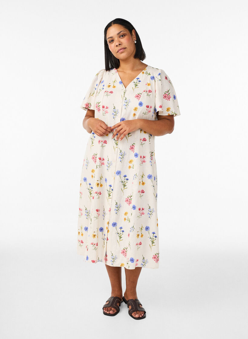 Midikjole i h&oslash;r og viskose med fl&aelig;se&aelig;rmer, Beige, Model image number 0