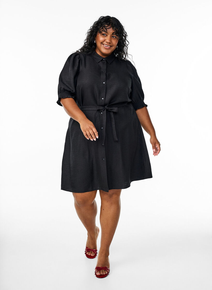 Knælang skjortekjole med bindebælte, Sort, Model image number 0