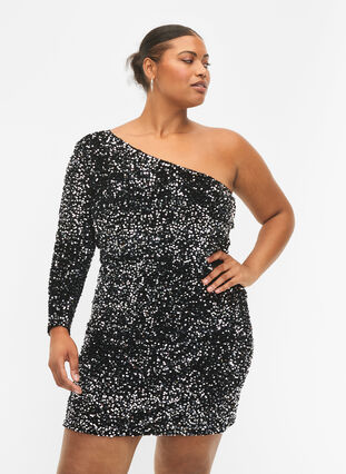 Kort one-shoulder kjole med pallietter, Black/Silver Sequins, Model image number 0