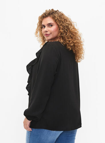 Langærmet bluse med flæser, Black, Model image number 1