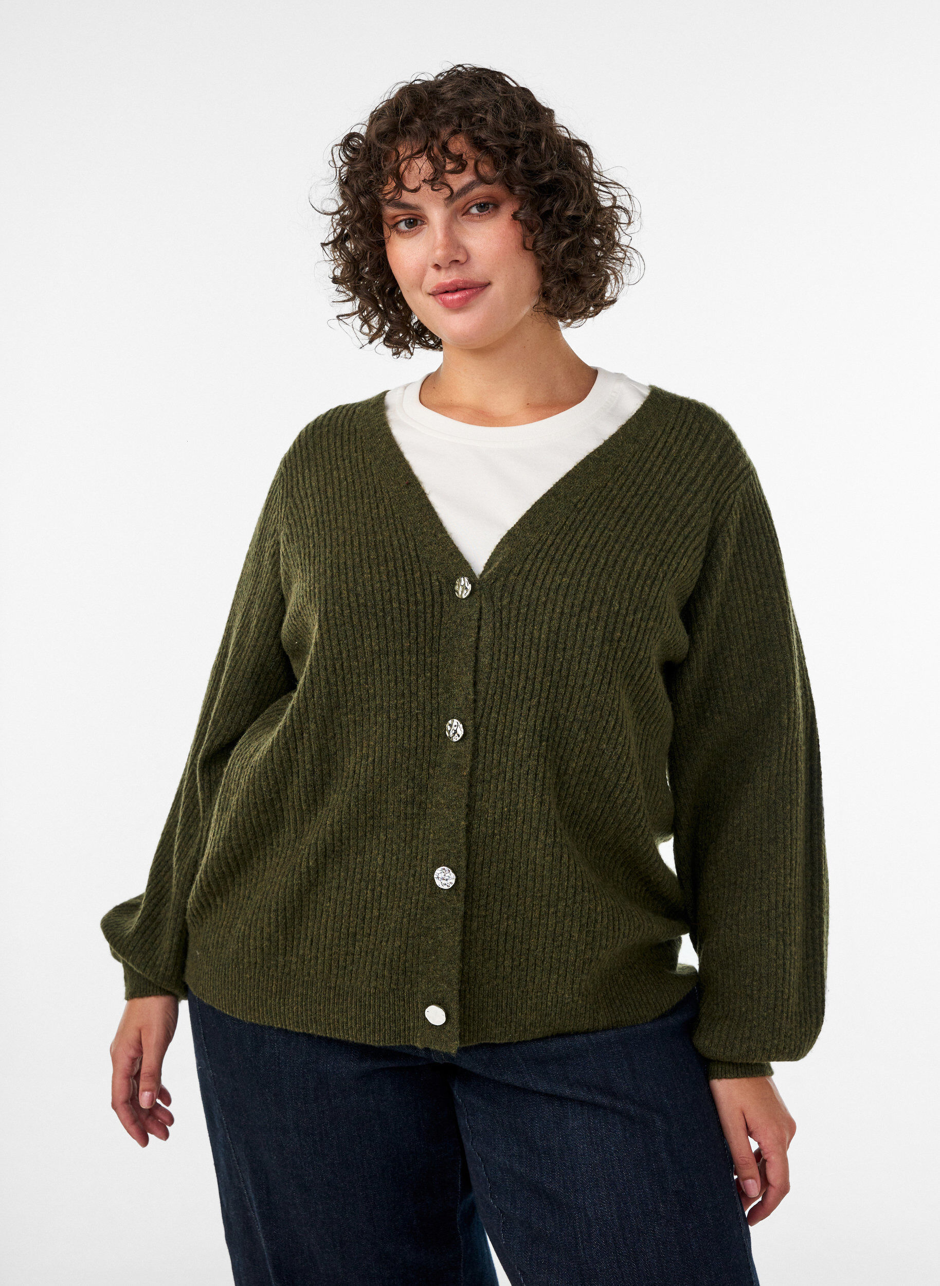 ZizziCardigan med V-hals og ribstruktur, Gr&oslash;n, Model image number 0