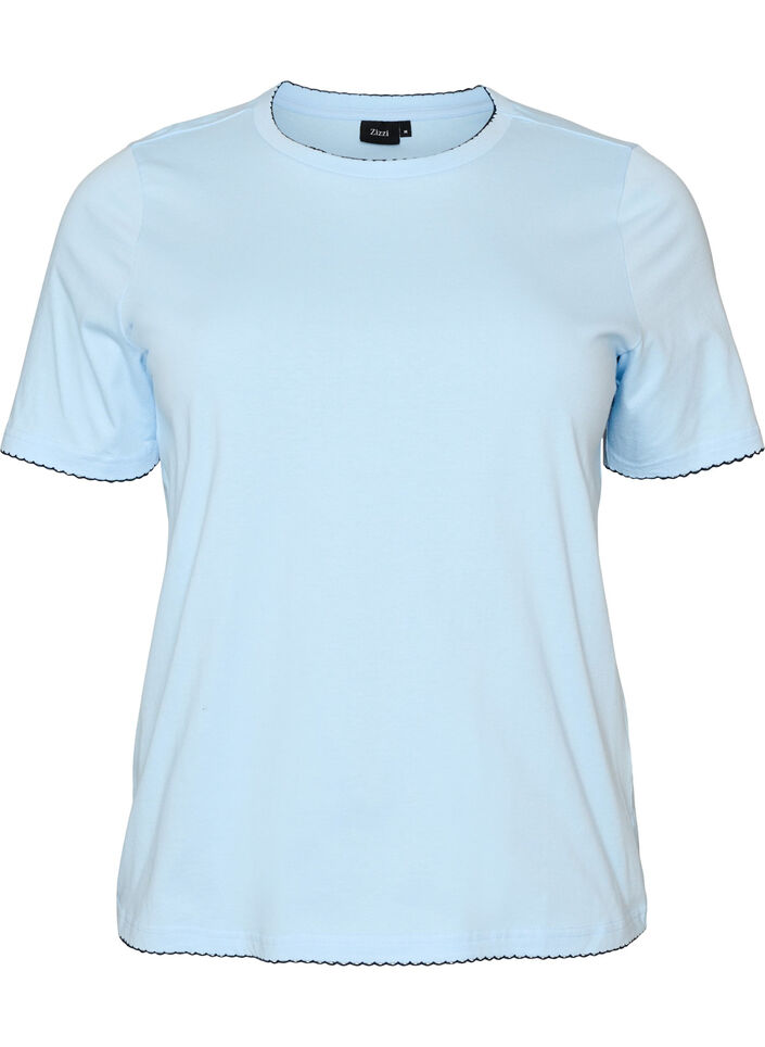 T-shirt i bomuld med b&oslash;lgede kontrastkanter, Bl&aring;, Packshot image number 0