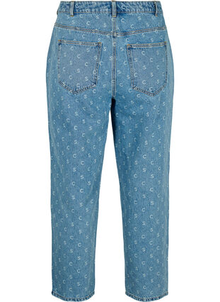 Cropped jeans med print og høj talje, Blue denim, Packshot image number 1