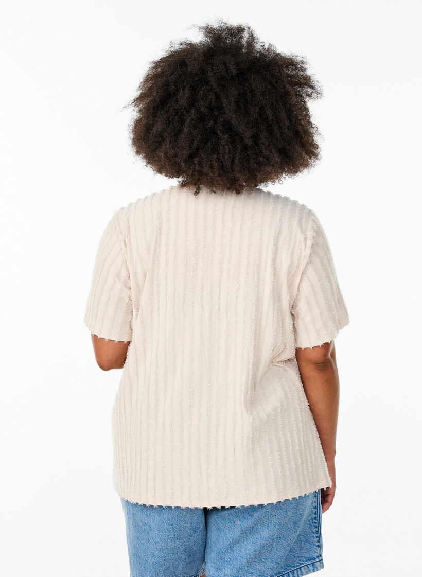 Bluse med korte ærmer og stribet struktur, Beige, Model image number 2
