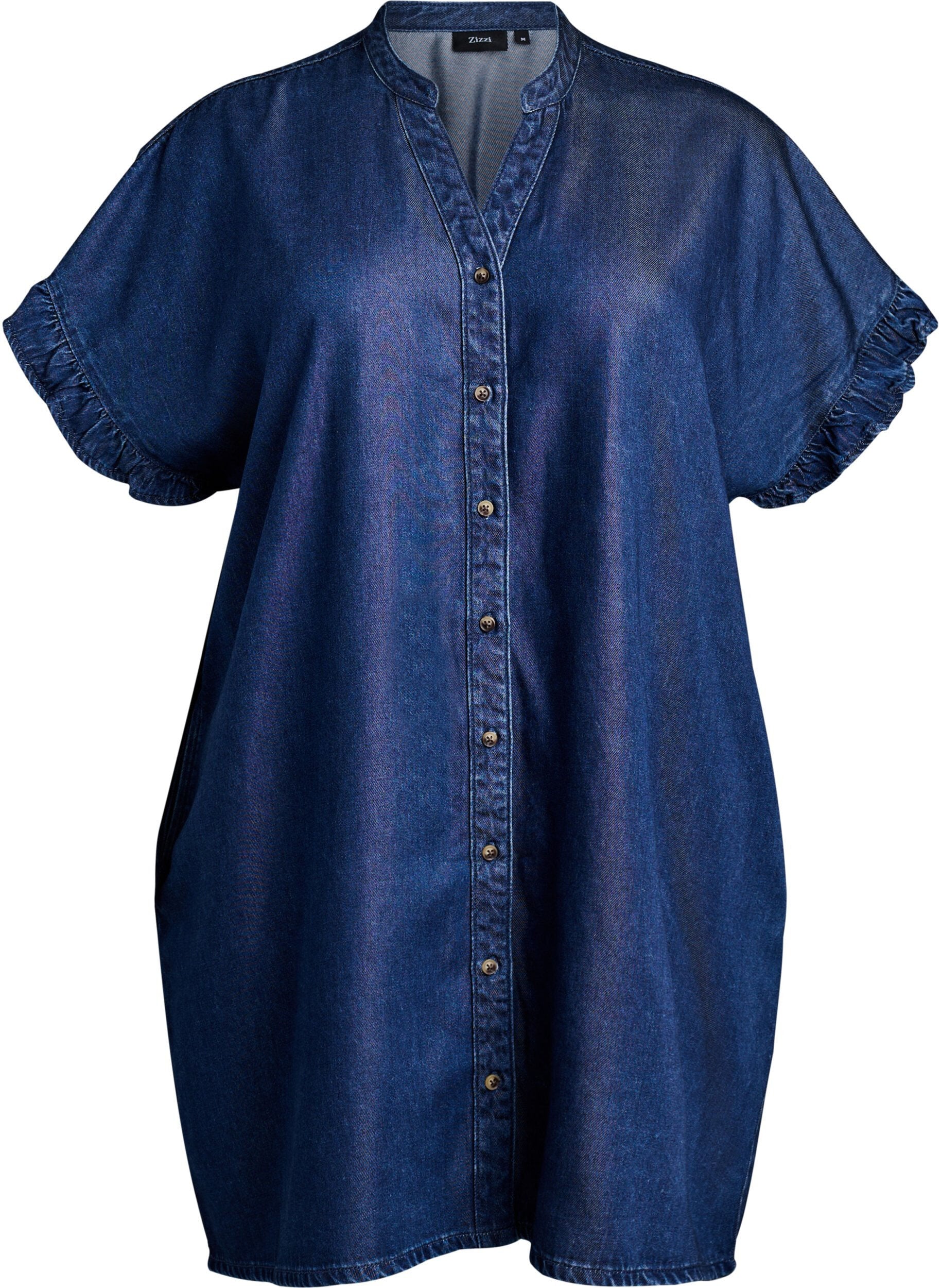 ZizziDenimlook kjole med knaplukning og fl&aelig;se&aelig;rmer, Bl&aring;, Packshot image number 0
